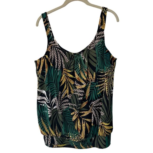 Tankini Swimsuit Black/Green Tropical Loose fitting blouson swimsuit top - Picture 1 of 4